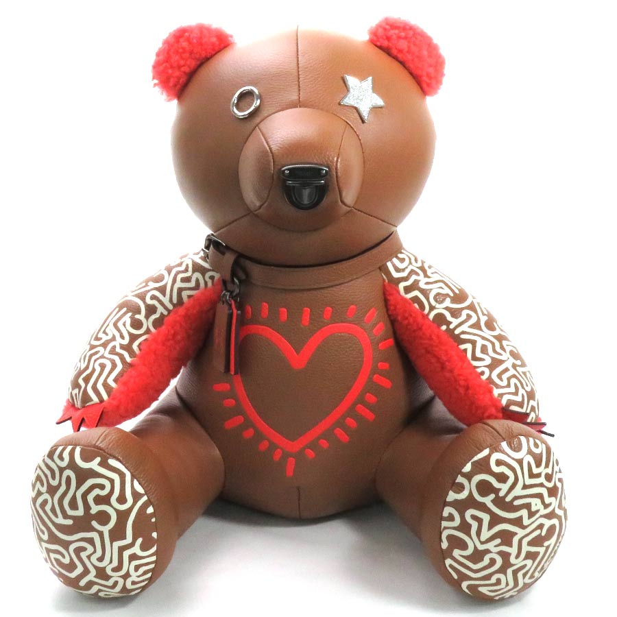 Auth COACH Keith Haring ~ COACH Heart Bear Doll Brown Leather D1729 -  y15721a