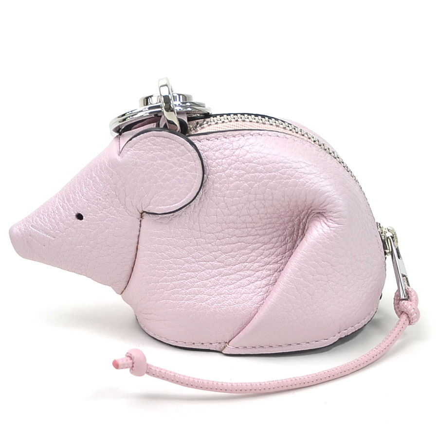 Auth LOEWE Animal Mouse Coin Case Coin Purse Pink/Silver Leather - y15734g